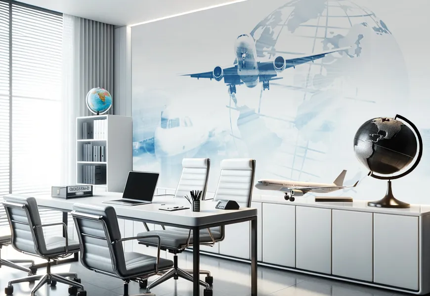 کاغذ دیواری سه بعدی آژانس مسافرتی طرح پرواز به سراسر جهان