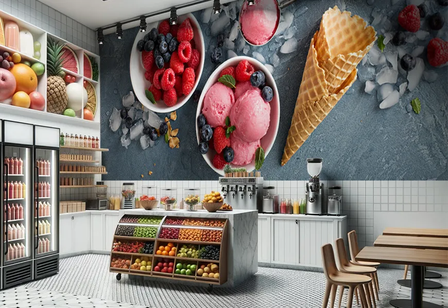 پوستر سه بعدی آب میوه و بستنی فروشی طرح کاسه بستنی و تمشک