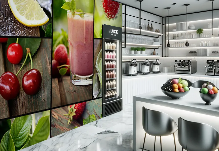 پوستر سه بعدی آب میوه و بستنی فروشی طرح کلاژ میوه های تابستانی