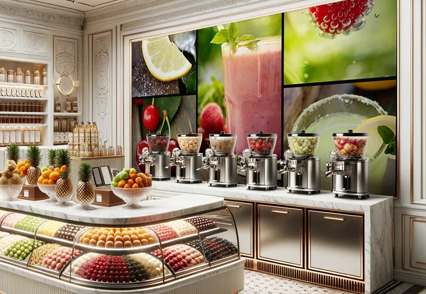 پوستر سه بعدی آب میوه و بستنی فروشی طرح کلاژ میوه های تابستانی