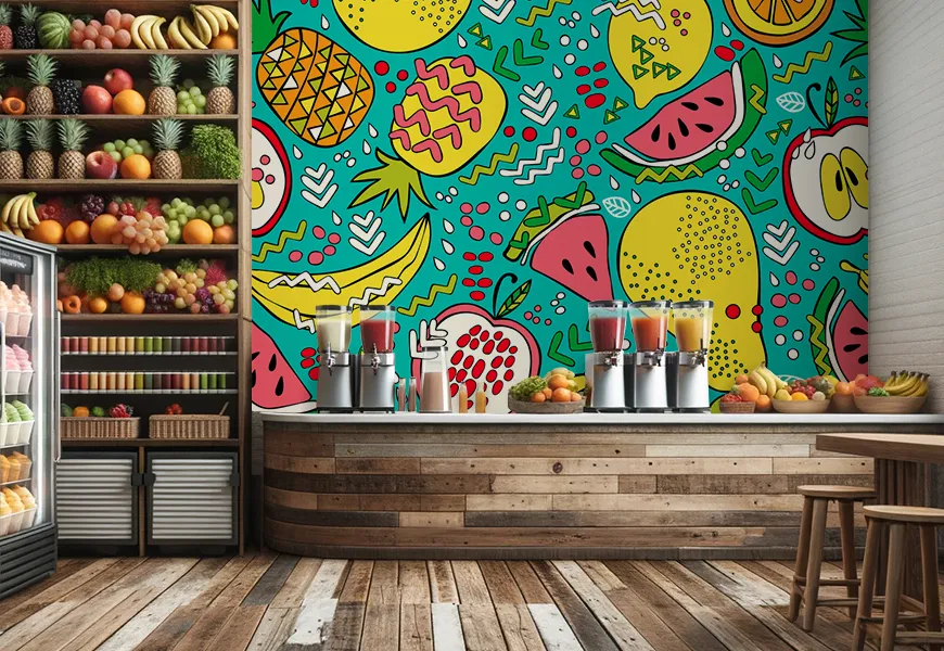 پوستر سه بعدی آب میوه و بستنی فروشی طرح نقاشی میوه های تابستانی