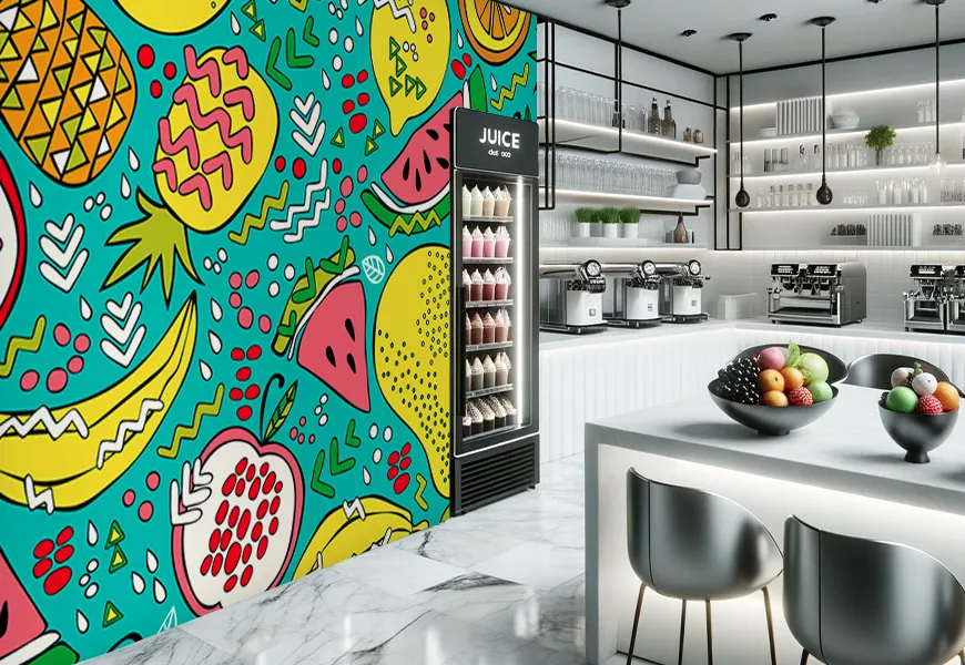 پوستر سه بعدی آب میوه و بستنی فروشی طرح نقاشی میوه های تابستانی