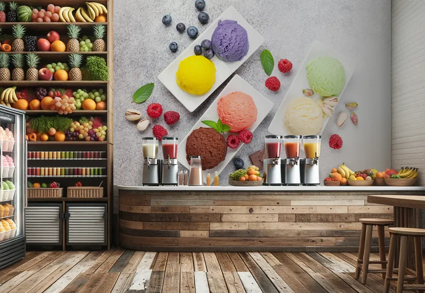 پوستر سه بعدی آب میوه و بستنی فروشی طرح نمای بالا اسکوپ بستنی میوه ای