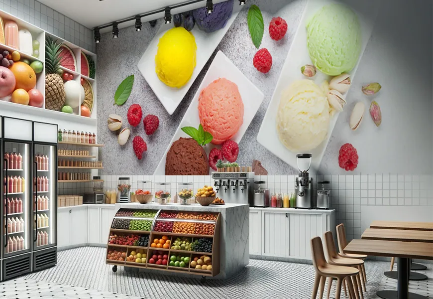 پوستر سه بعدی آب میوه و بستنی فروشی طرح نمای بالا اسکوپ بستنی میوه ای