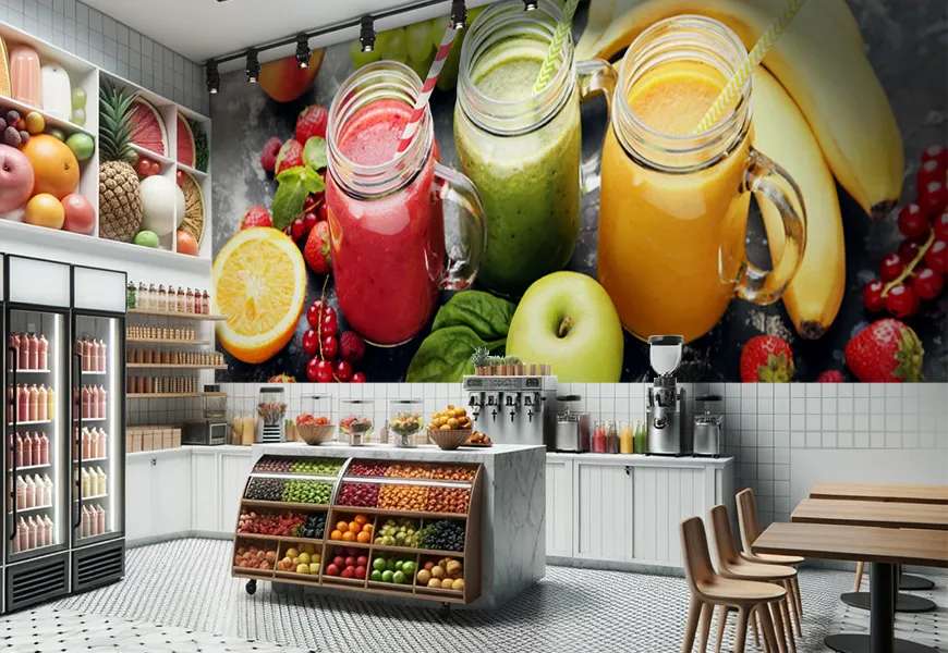 پوستر سه بعدی آب میوه و بستنی فروشی طرح شیشه های اسموتی میوه
