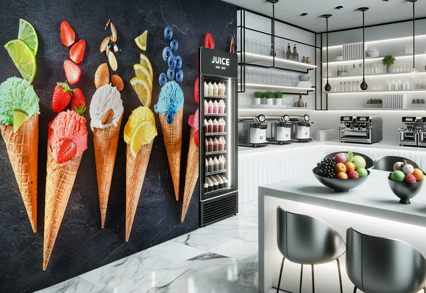کاغذ دیواری سه بعدی آب میوه وبستنی فروشی طرح بستنی قیفی