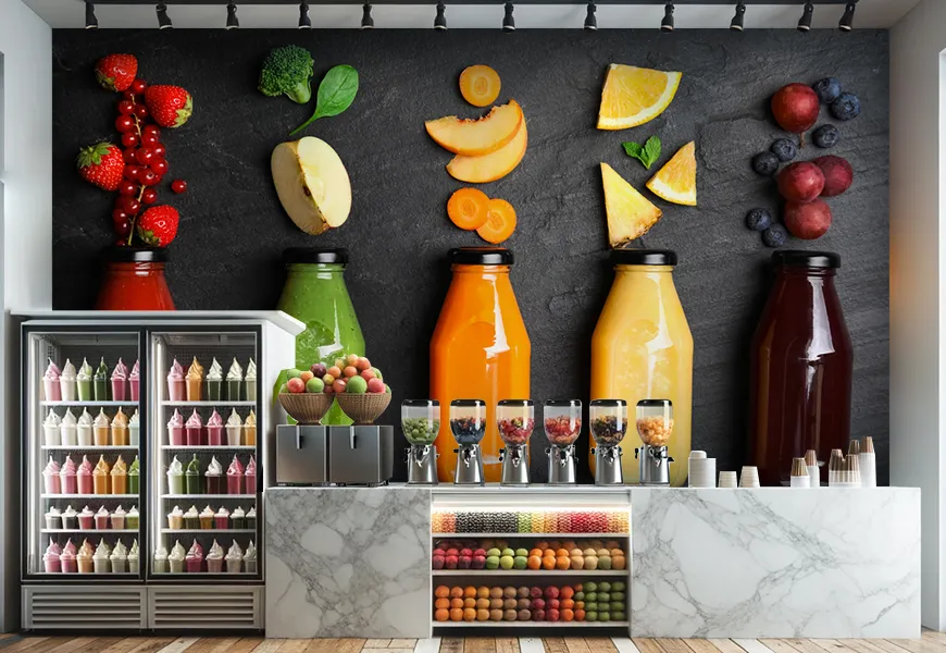 کاغذ دیواری سه بعدی آب میوه و بستنی فروشی طرح بطری های آب میوه