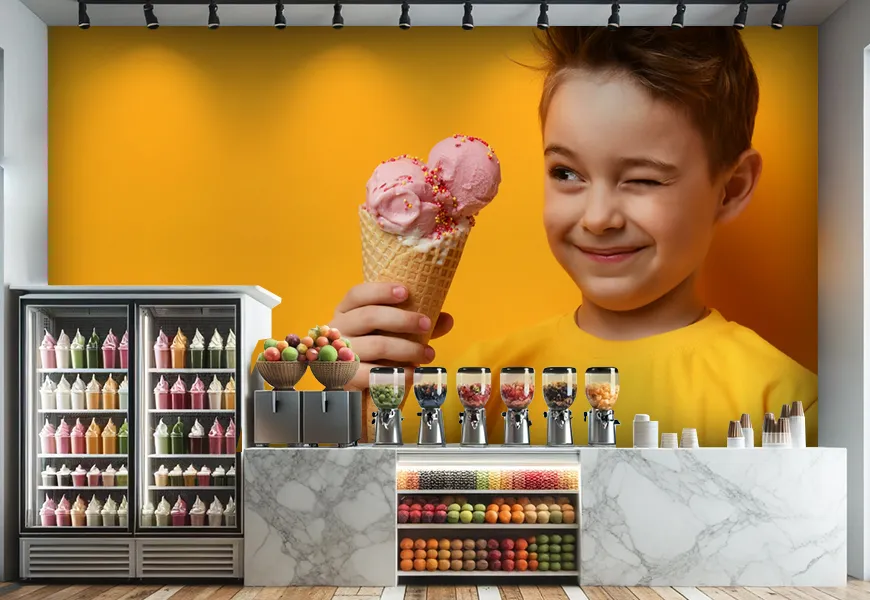 کاغذ دیواری سه بعدی آب میوه و بستنی فروشی طرح پسر بچه