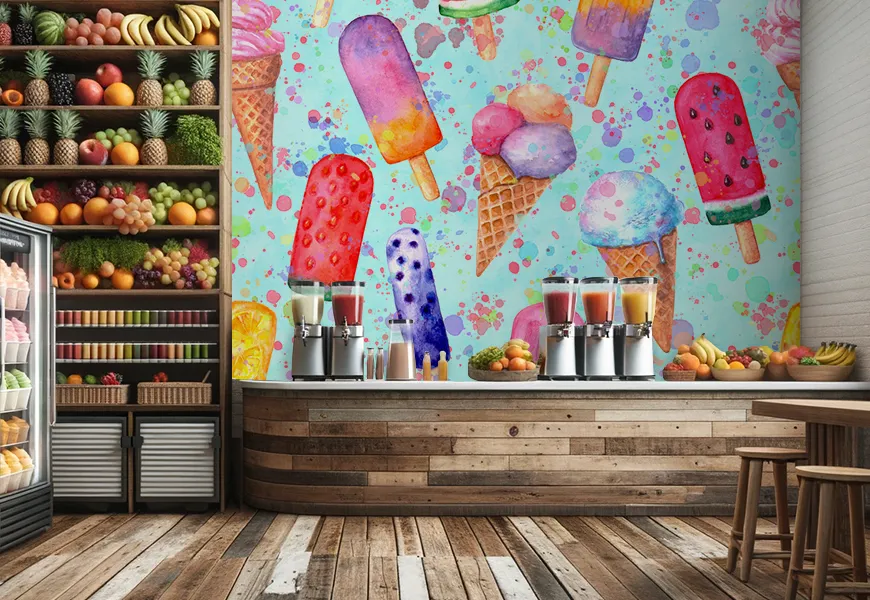 کاغذ دیواری سه بعدی آب میوه و بستنی فروشی طرح انواع بستنی