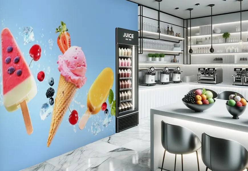 کاغذ دیواری سه بعدی آب میوه و بستنی فروشی طرح کلکسیون انواع بستنی