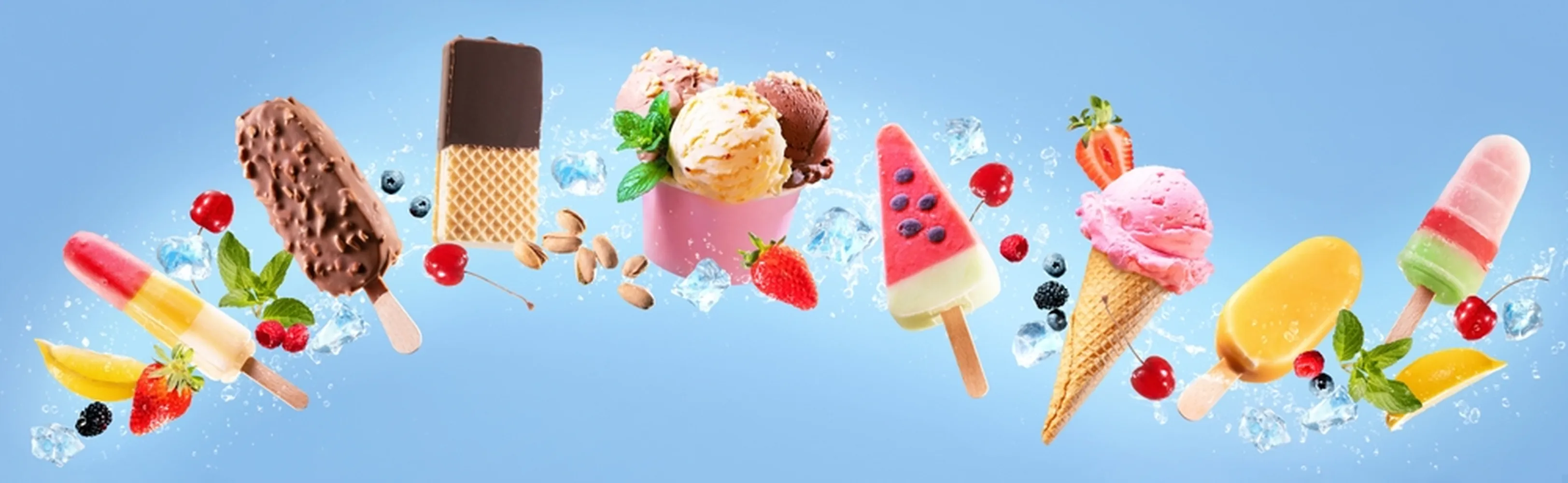 کاغذ دیواری سه بعدی آب میوه و بستنی فروشی طرح کلکسیون انواع بستنی