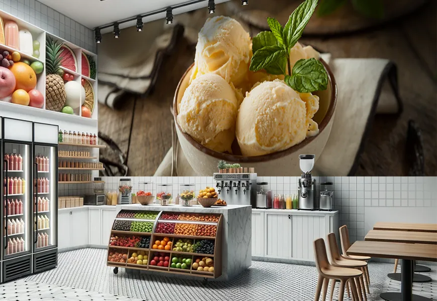 کاغذ دیواری سه بعدی آب میوه و بستنی فروشی طرح بستنی وانیلی ارگانیک