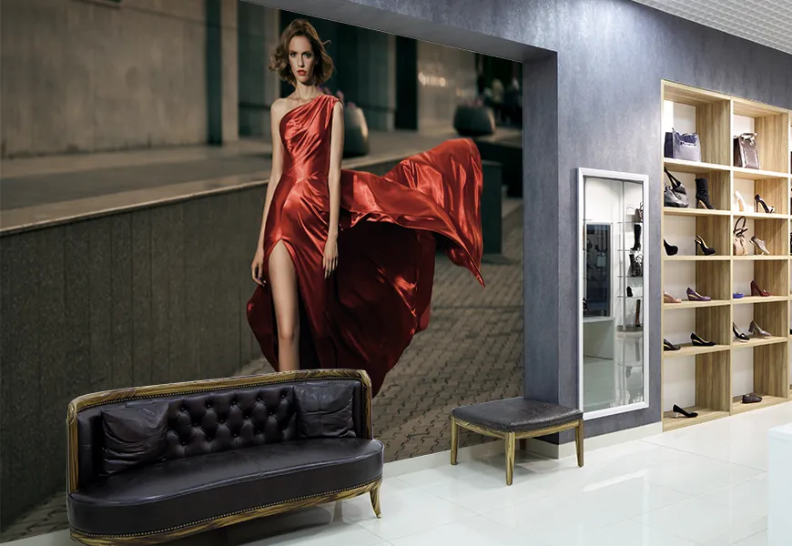 کاغذ دیواری سه بعدی بوتیک طرح زن با لباس فراکتال قرمز