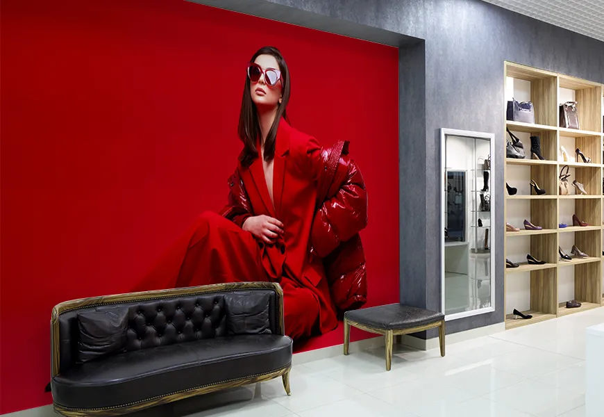 کاغذ دیواری سه بعدی بوتیک طرح کت و شلوار قرمز دختر مدل