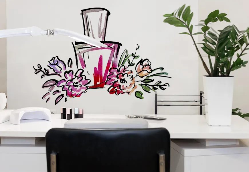 کاغذ دیواری سه بعدی سالن خدمات ناخن طرح نقاشی شیشه لاک