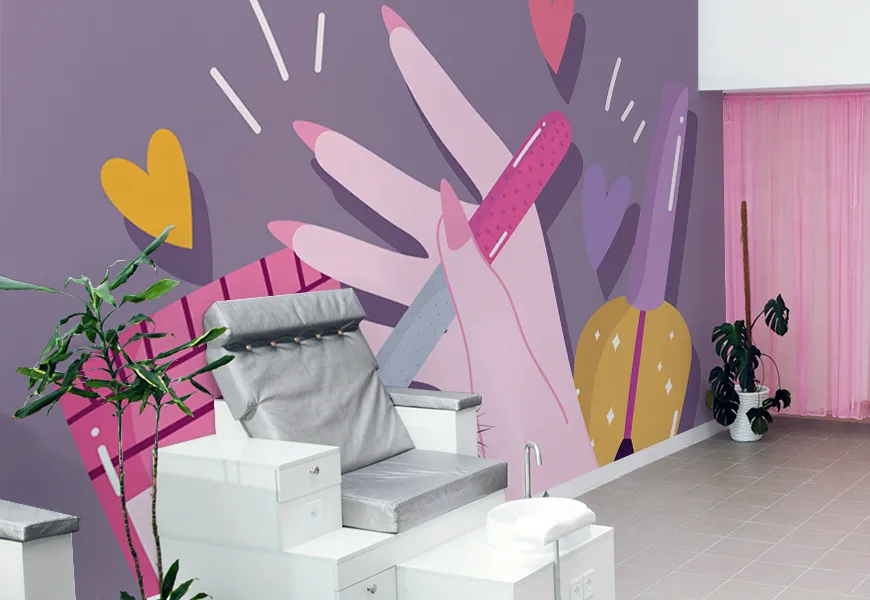 کاغذ دیواری سه بعدی سالن خدمات ناخن طرح نقاشی ابزار مانیکور