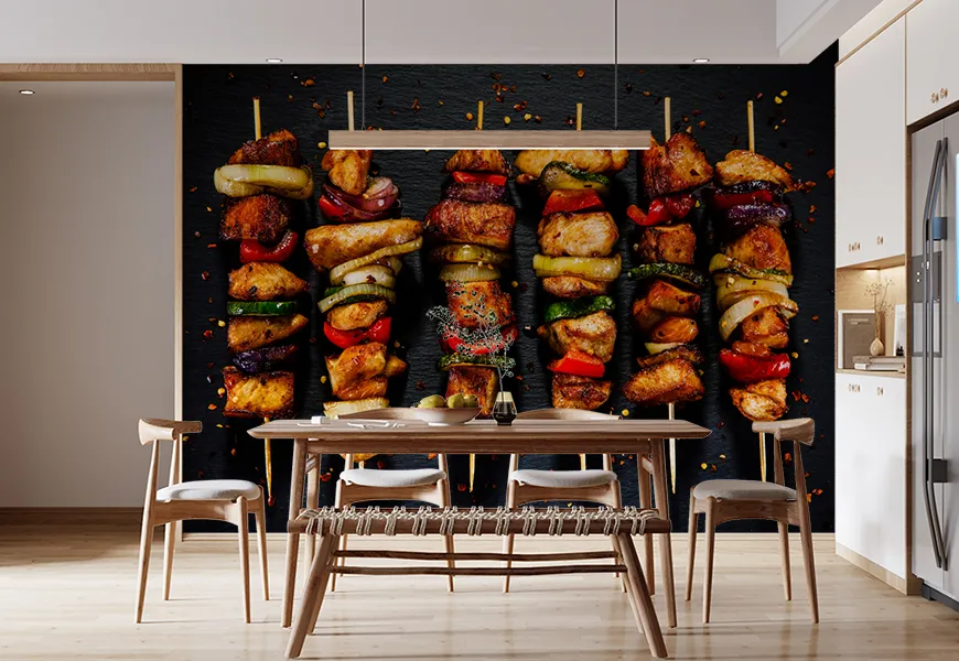 پوستر دیواری سه بعدی رستوران و کبابی طرح سیخ گوشت وسبزیجات