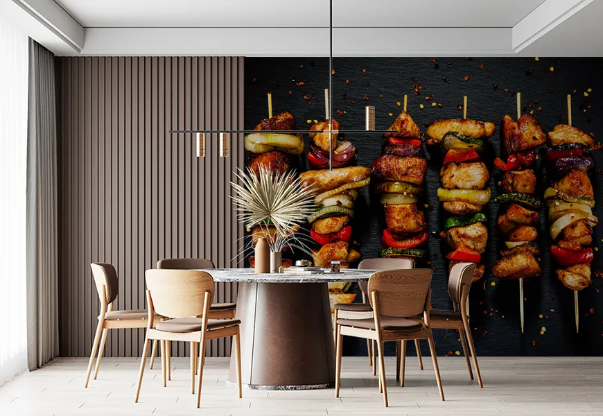 پوستر دیواری سه بعدی رستوران و کبابی طرح سیخ گوشت وسبزیجات