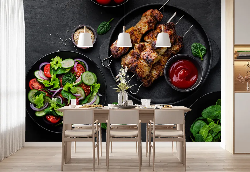 پوستر دیواری سه بعدی رستوران و کبابی طرح میز سرو کباب