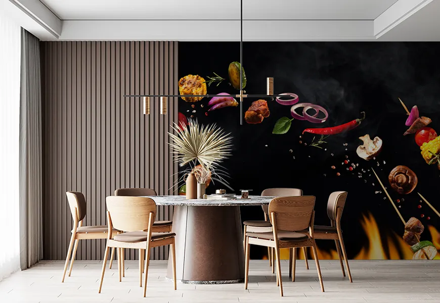 کاغذ دیواری سه بعدی رستوران و کبابی طرح کلاژ سیخ کباب وآتش و سبزیجات