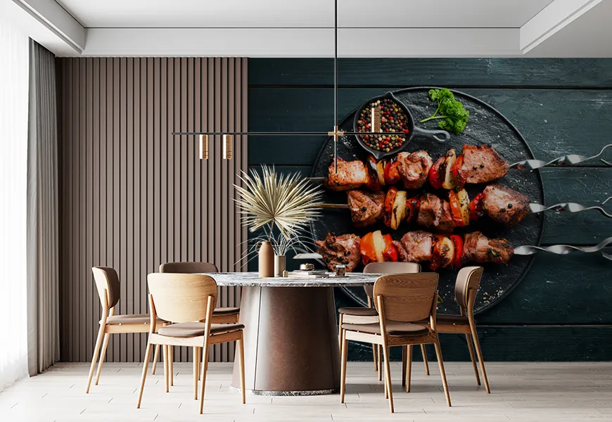 کاغذ دیواری سه بعدی رستوران و کبابی طرح سینی سرو کباب