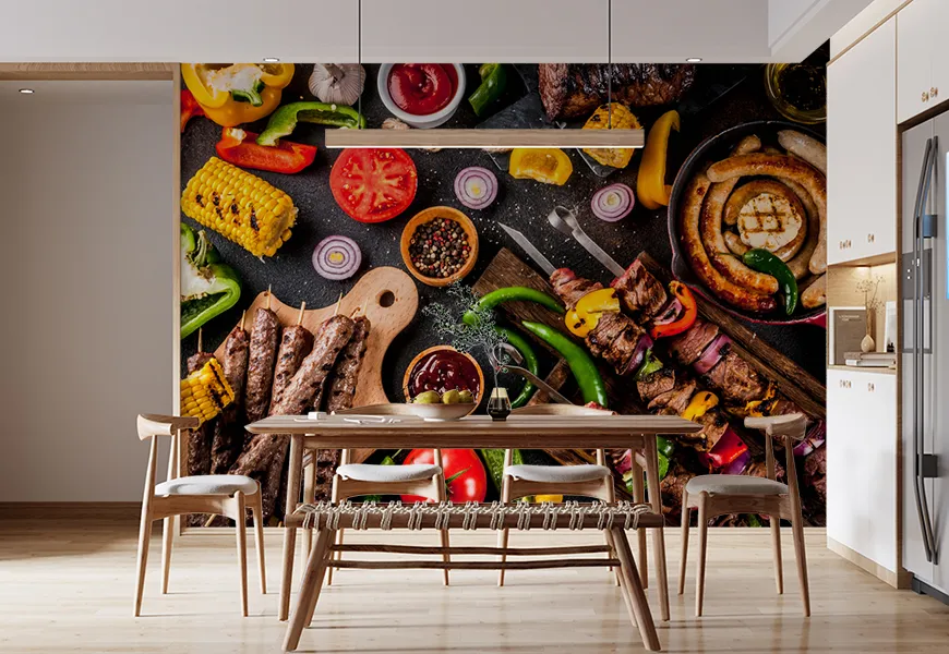 پوستر دیواری سه بعدی رستوران و کبابی طرح انواع کباب باربیکیو