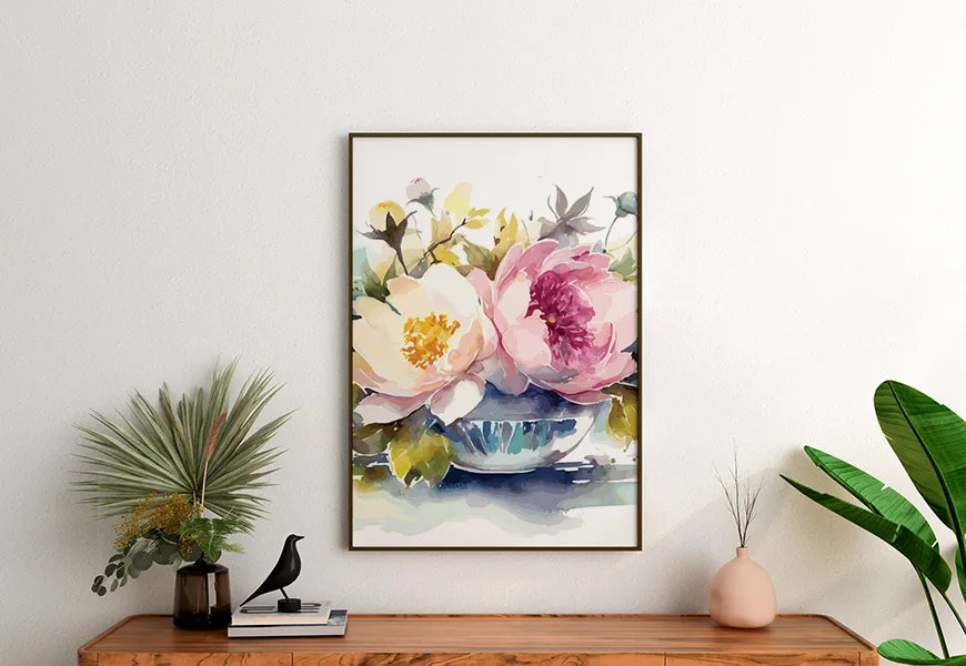 پوستر سه بعدی نقاشی آبرنگ گلدان گل