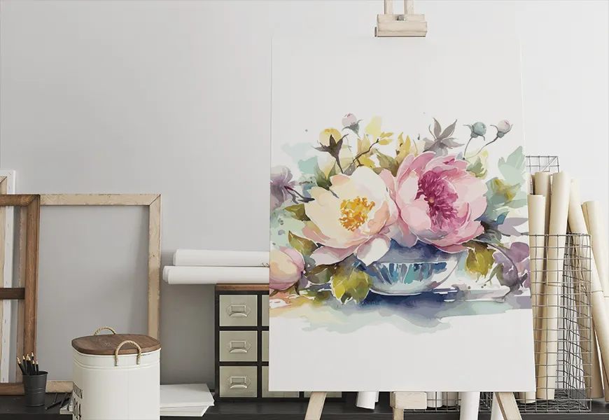 پوستر سه بعدی نقاشی آبرنگ گلدان گل