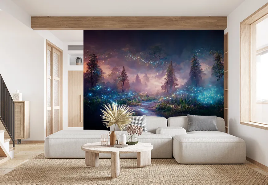 کاغذ دیواری سه بعدی فانتزی طرح شب جنگل جادویی