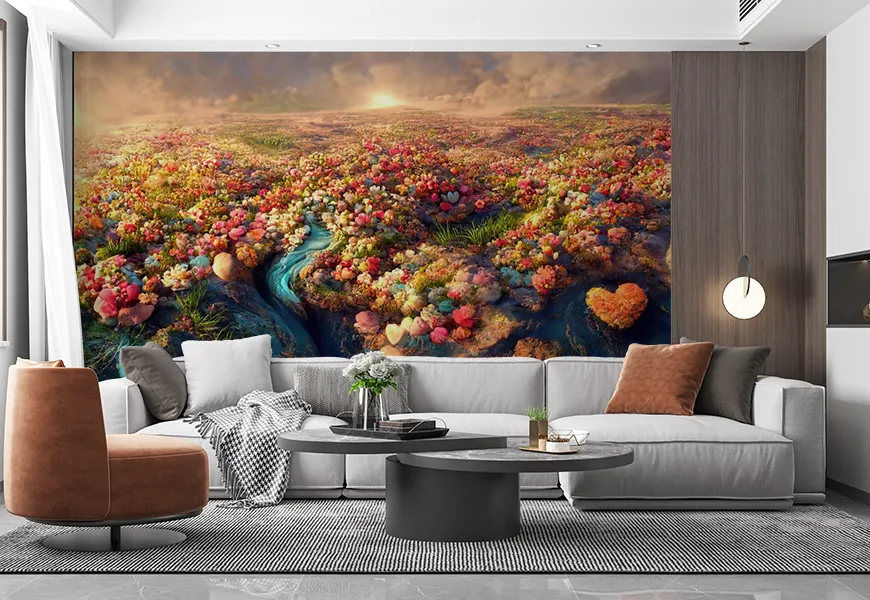 کاغذ دیواری سه بعدی فانتزی منظره گلهای رنگی