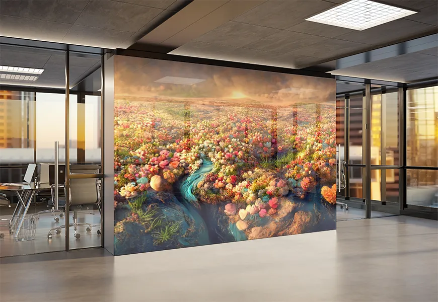 کاغذ دیواری سه بعدی فانتزی منظره گلهای رنگی