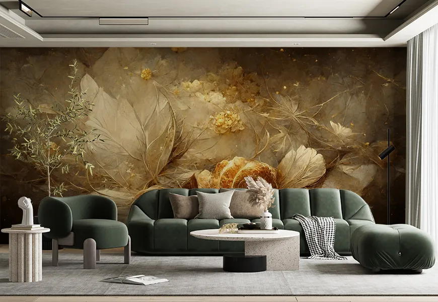 کاغذ دیواری سه بعدی فانتزی پذیرایی طرح برگ طلایی