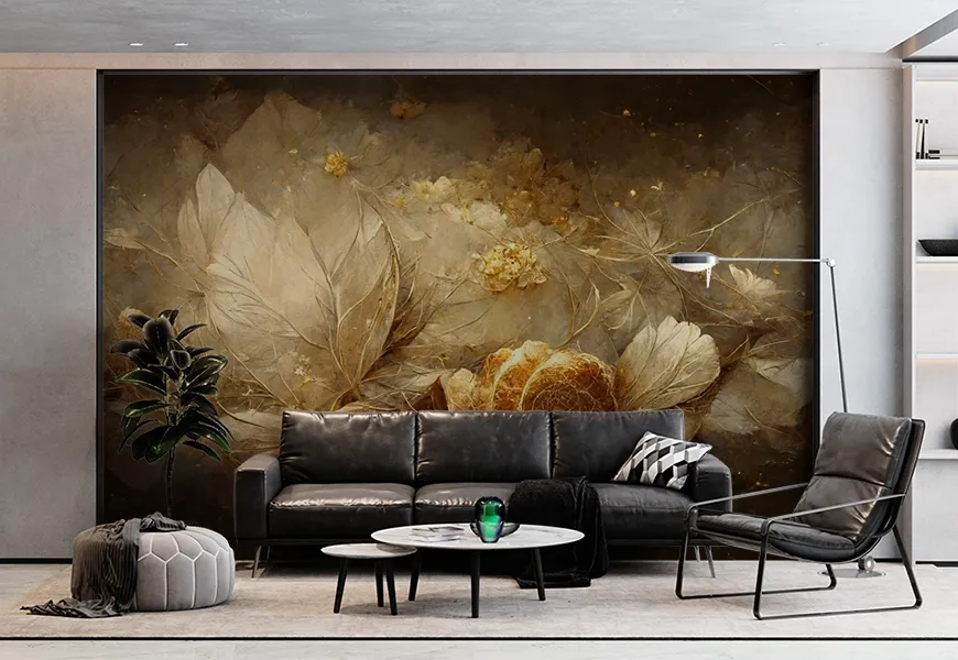 کاغذ دیواری سه بعدی فانتزی طرح برگ طلایی