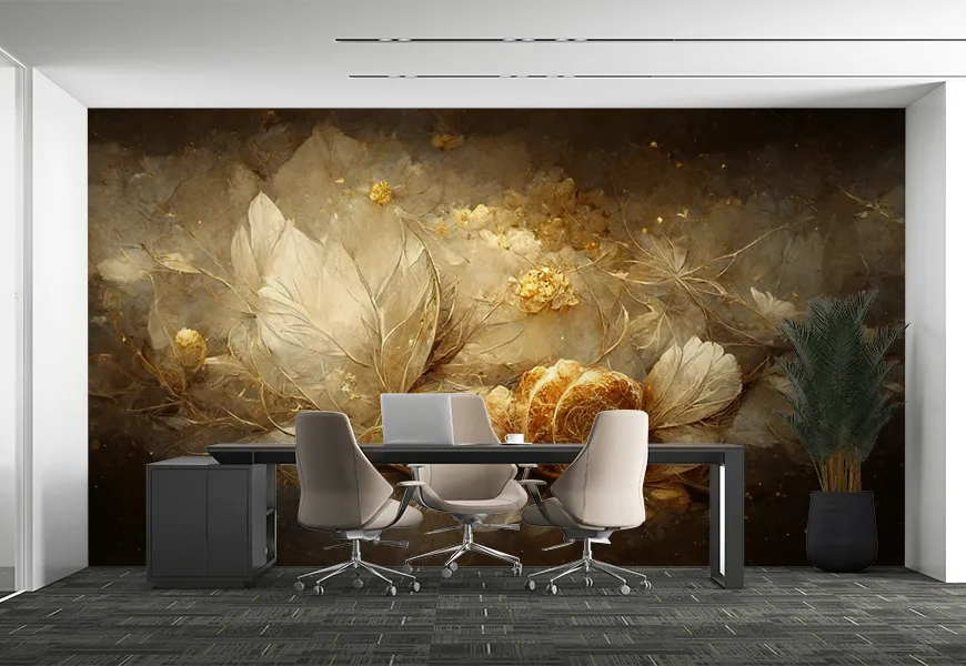 کاغذ دیواری سه بعدی فانتزی طرح برگ طلایی