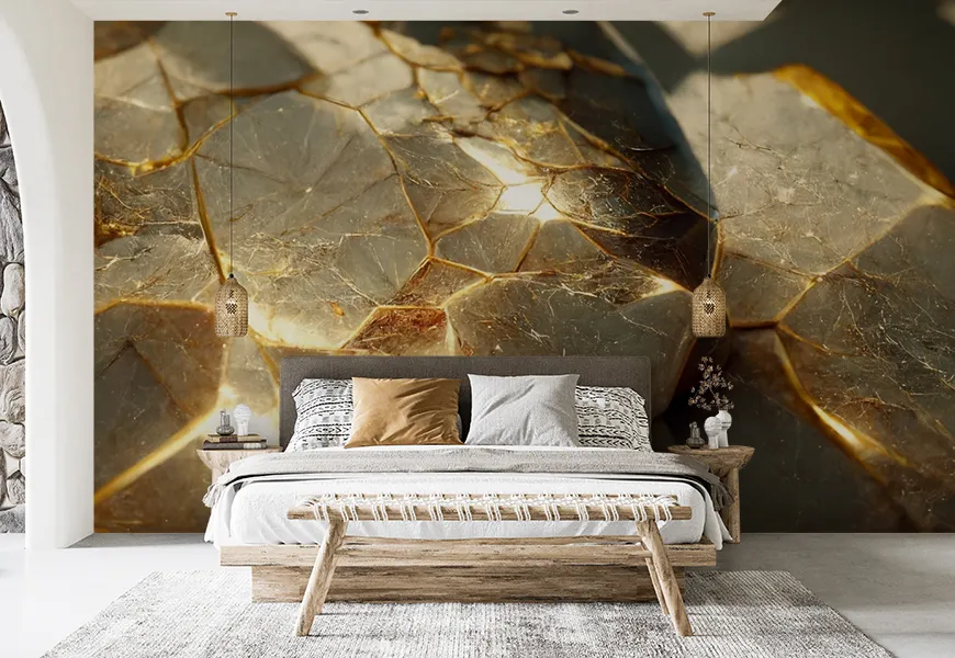 پوستر دیواری سه بعدی فانتزی طرح نمای نزدیک سنگ مرمر طلایی