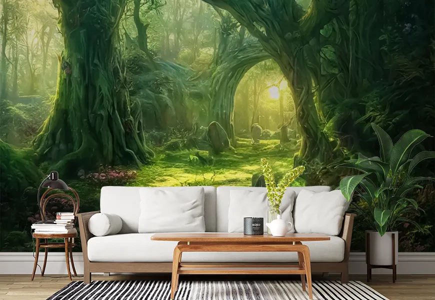 پوستر دیواری سه بعدی فانتزی طرح طبیعت جنگل سبز