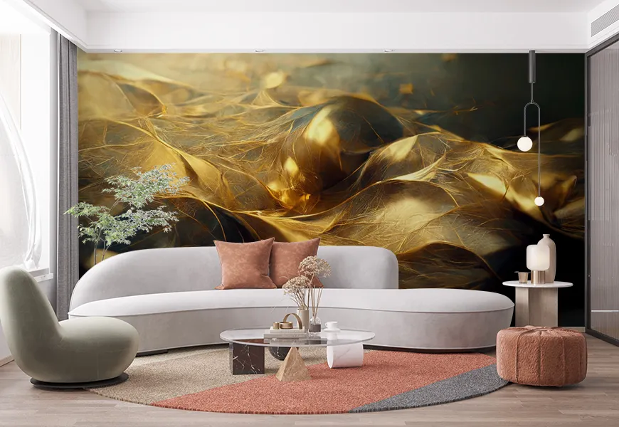 کاغذ دیواری سه بعدی فانتزی و لاکچری طرح موج فراکتال طلایی