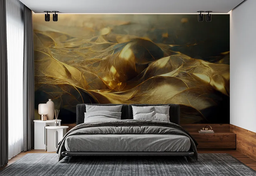 کاغذ دیواری سه بعدی فانتزی و لاکچری طرح موج فراکتال طلایی