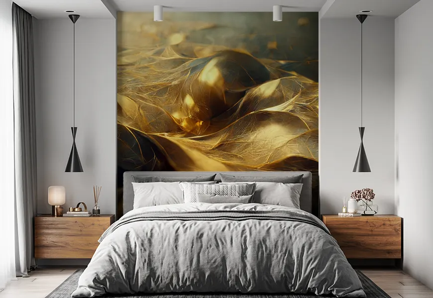 کاغذدیواری سه بعدی فانتزی اتاق خواب طرح موج فراکتال طلایی