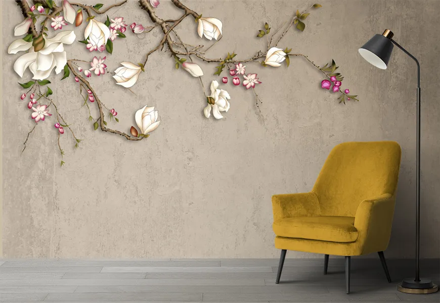 کاغذ دیواری سه بعدی طرح گل وبرگ با زمینه پتینه