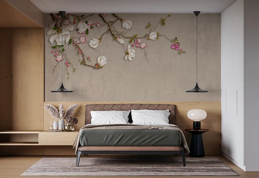 کاغذ دیواری سه بعدی اتاق خواب زن و شوهر طرح گل وبرگ