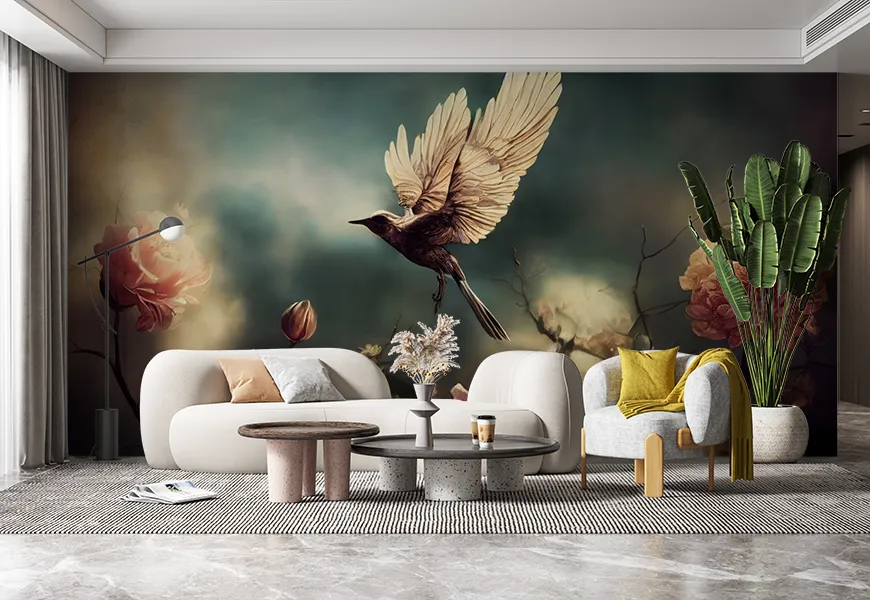 پوستر سه بعدی نقاشی پرنده روی گل
