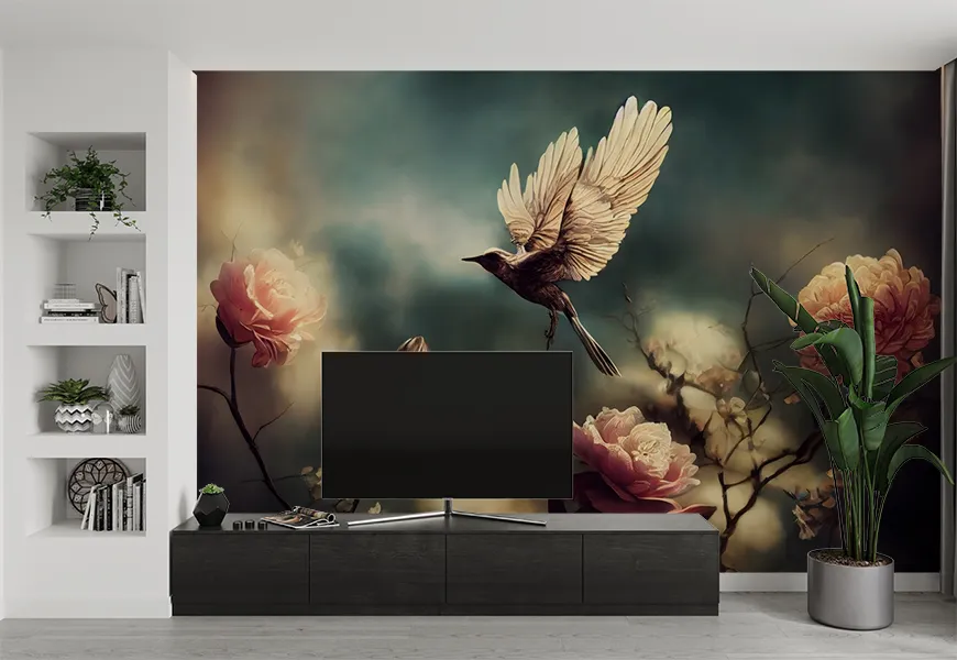 پوستر سه بعدی نقاشی پرنده روی گل