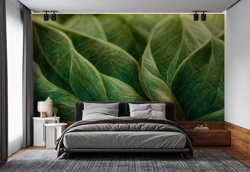 پوستر دیواری سه بعدی فانتزی اتاق خواب طرح برگ سبز