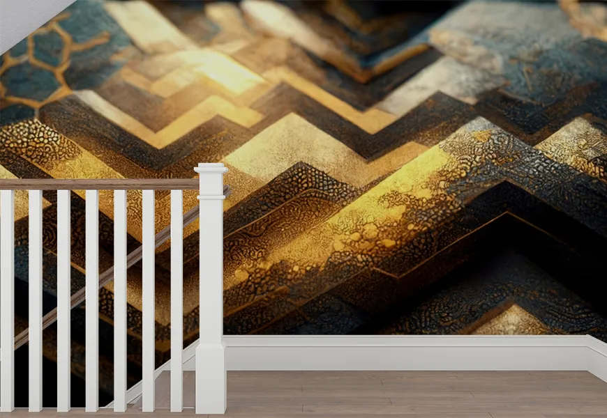 پوستر دیواری سه بعدی فانتزی اشکال هندسی انتزاعی موج فراکتال طلا
