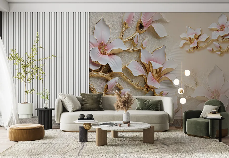 پوستر لاکچری پذیرایی طرح گل های مجلل ماگنولیا باساقه ها طلایی