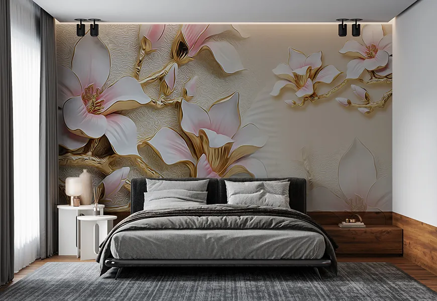 پوستر لاکچری طرح گل های مجلل ماگنولیا باساقه طلایی