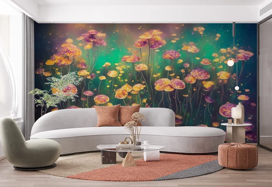 کاغذ دیواری سه بعدی فانتزی طرح قارچ پری رنگارنگ با گل