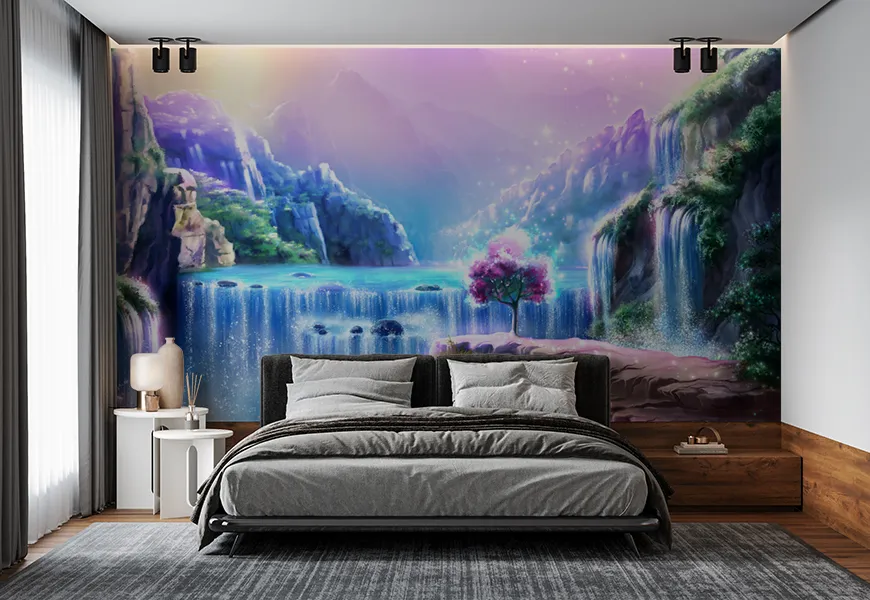 پوستر دیواری 3 بعدی فانتزی و هنری طرح آبشار آبی رنگ