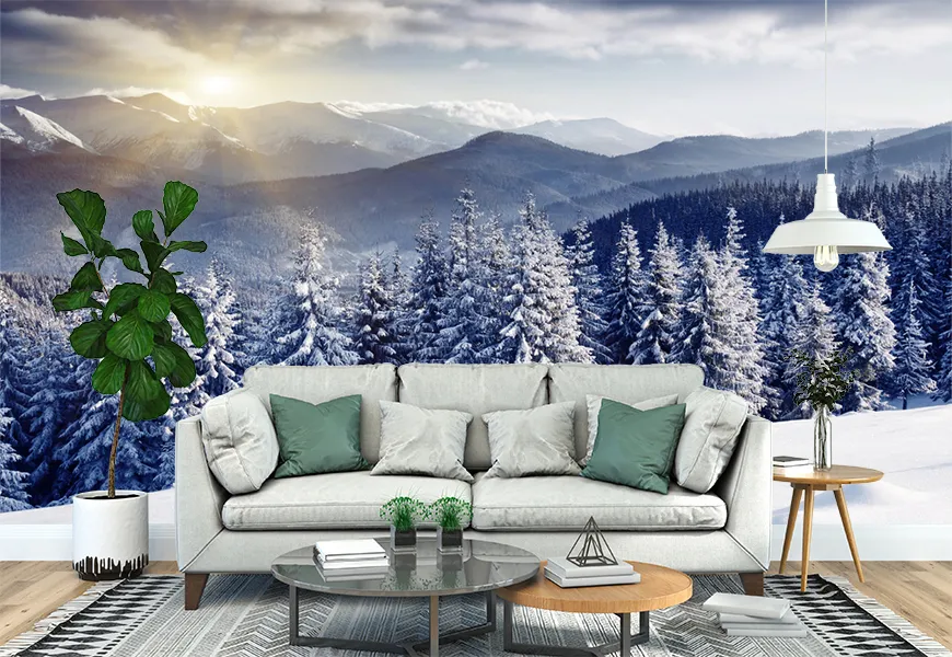 پوستر دیواری طبیعت زمستان با طرح درختان پوشیده از برف
